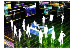 Digitized people standing on a digital floor