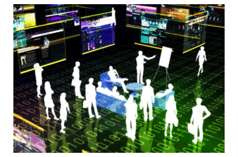 Digitized people standing on a digital floor