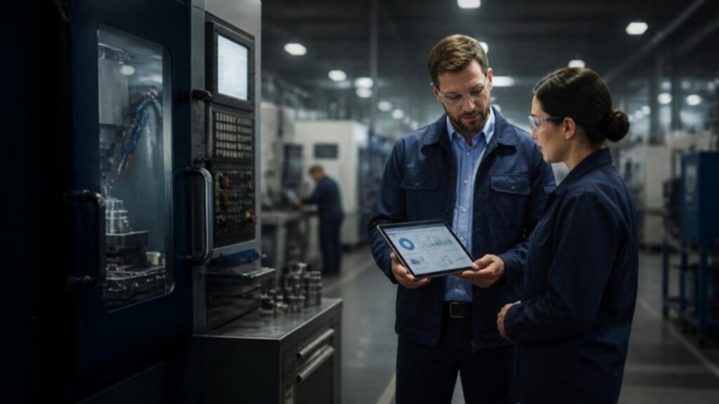 Plant manager and engineer reviewing a production dashboard on a tablet beside a CNC machine