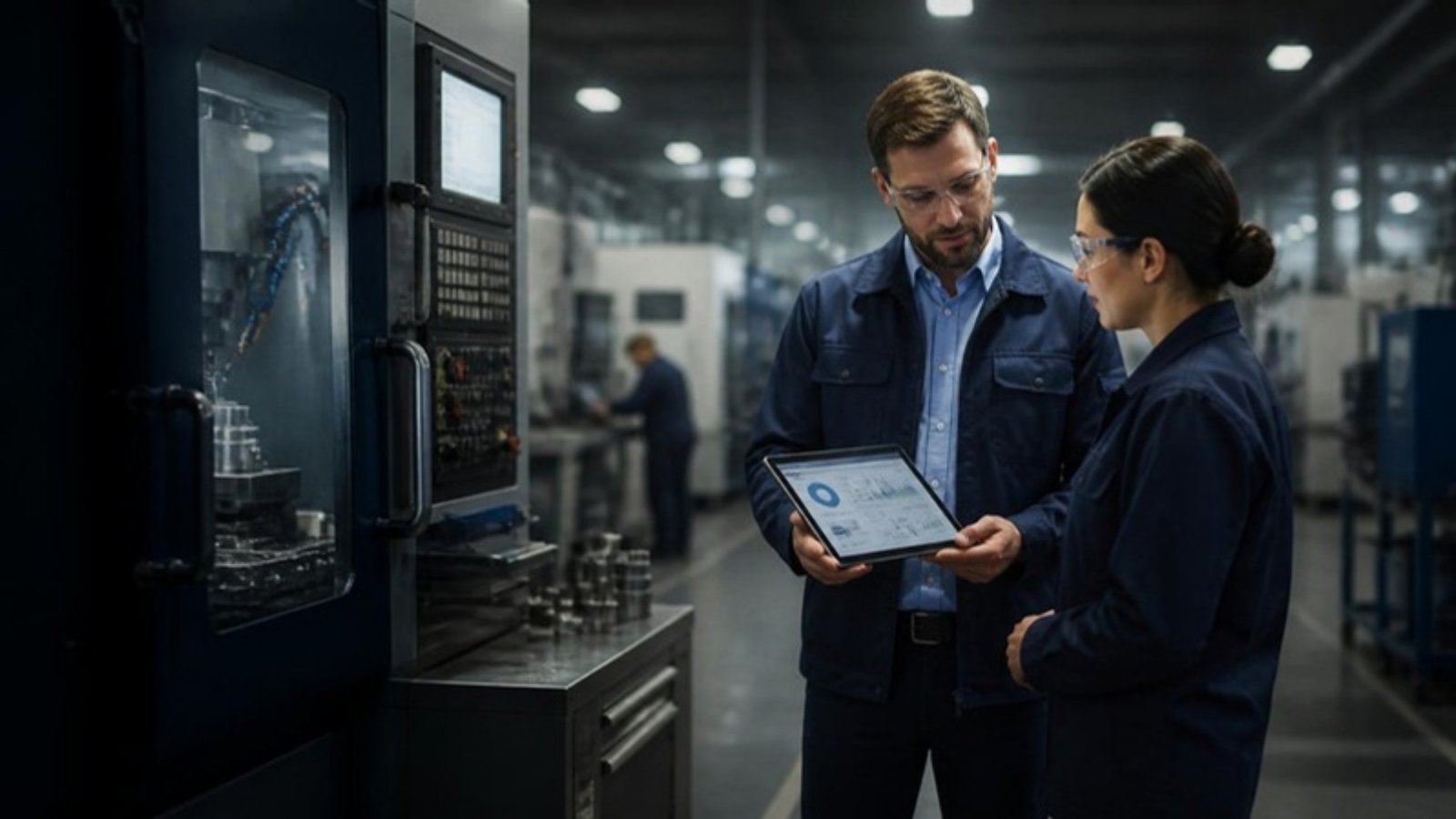 Plant manager and engineer reviewing a production dashboard on a tablet beside a CNC machine