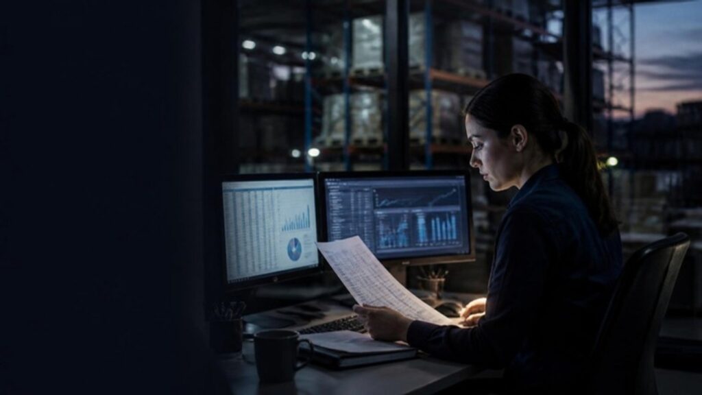 Inventory planner comparing a printed report against ERP data in a warehouse office