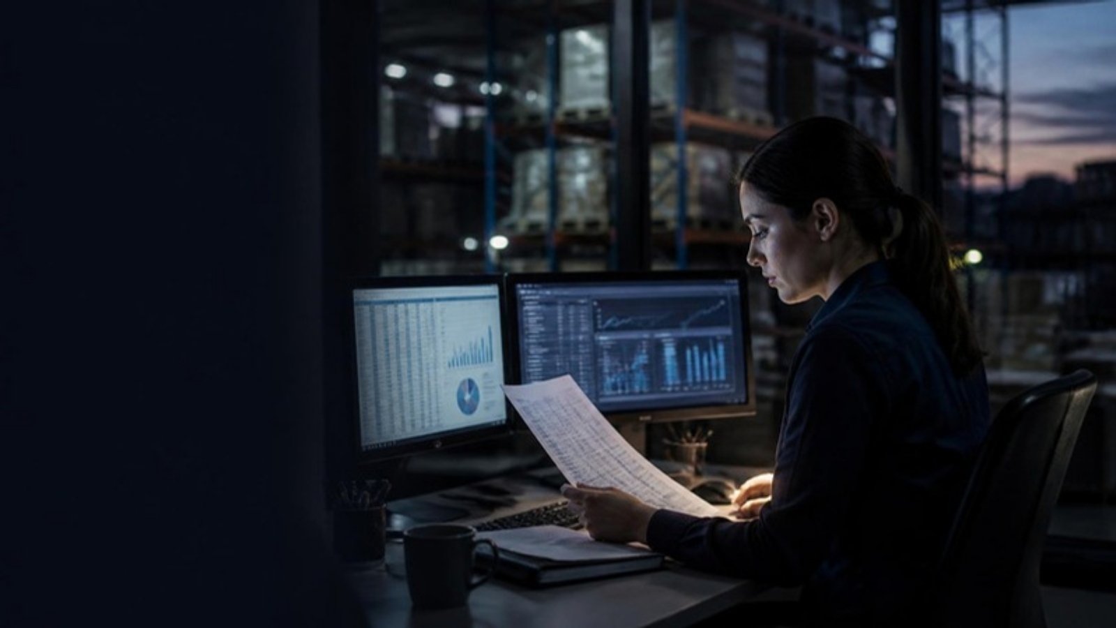 Inventory planner comparing a printed report against ERP data in a warehouse office