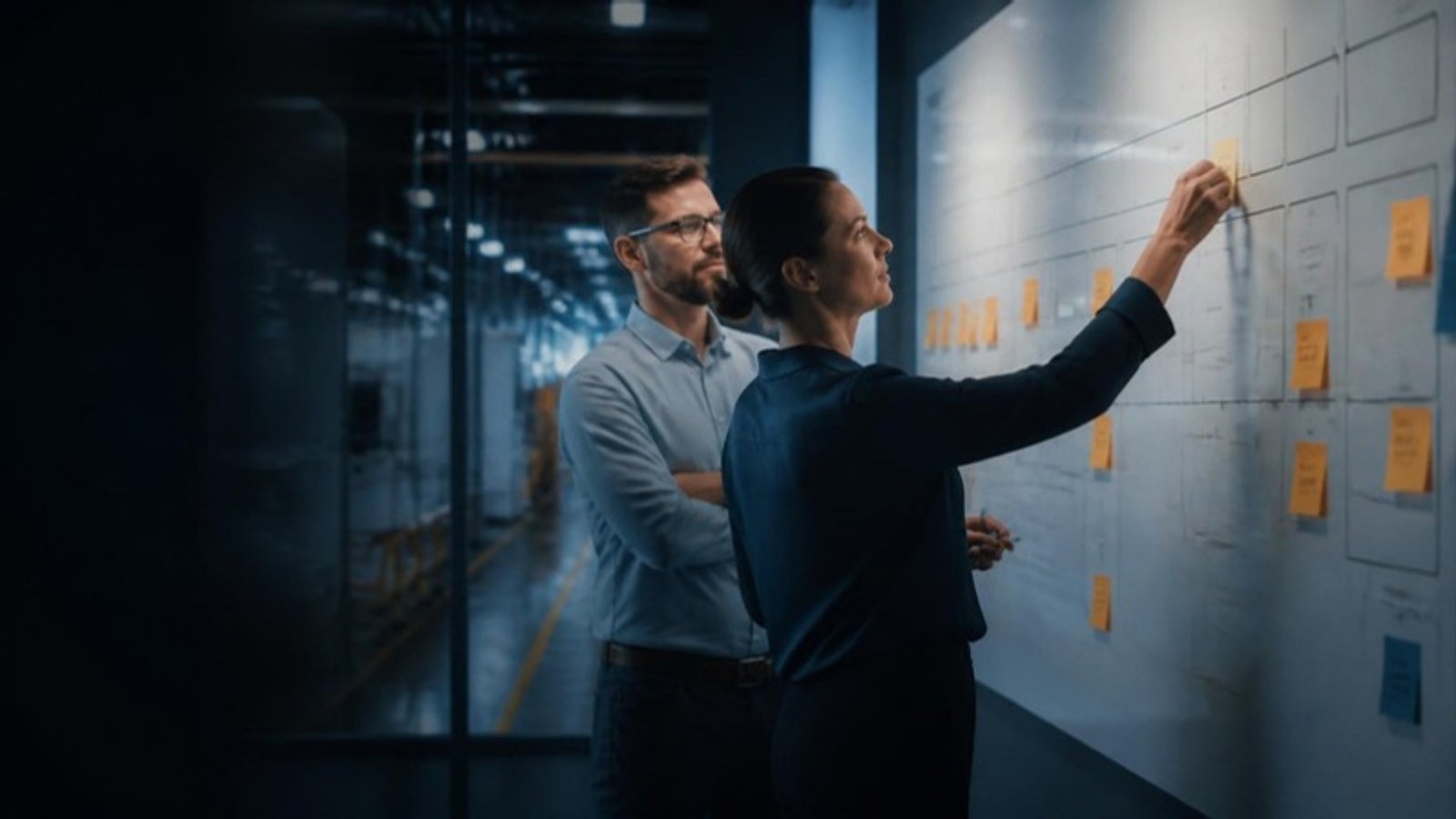 Operations leaders mapping business processes on a whiteboard before an ERP selection